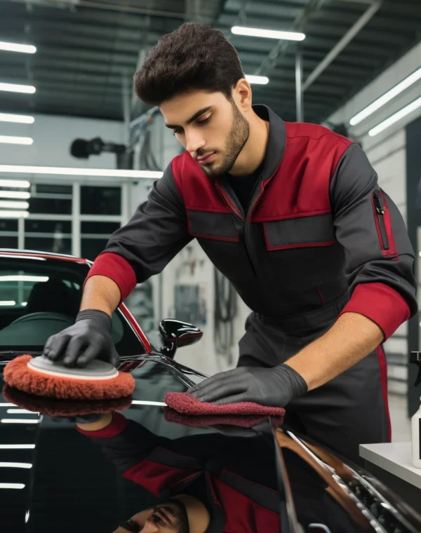 DALL·E 2024-04-18 22.11.41 - A modern auto detailing shop scene featuring a mechanic involved in automotive detailing. The mechanic, a young Middle Eastern man, wears a striking r