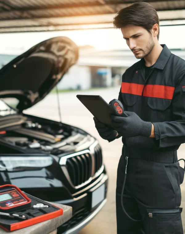 DALL·E 2024-05-21 22.58.36 - A mechanic testing an anti-theft device outside a car. The mechanic is wearing a black and red uniform, holding a testing device or tablet, and is sta