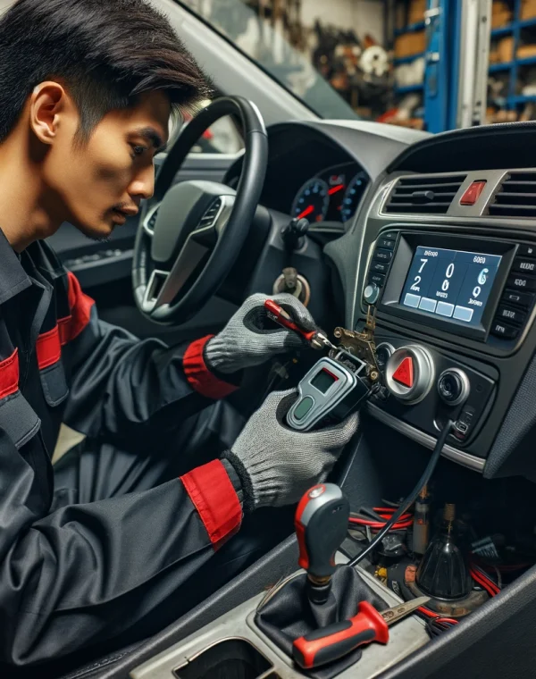 DALL·E 2024-05-21 23.05.50 - A minority mechanic installing an Alcolock interlock device in a car. The mechanic is wearing a black and red uniform, working with tools under the ca