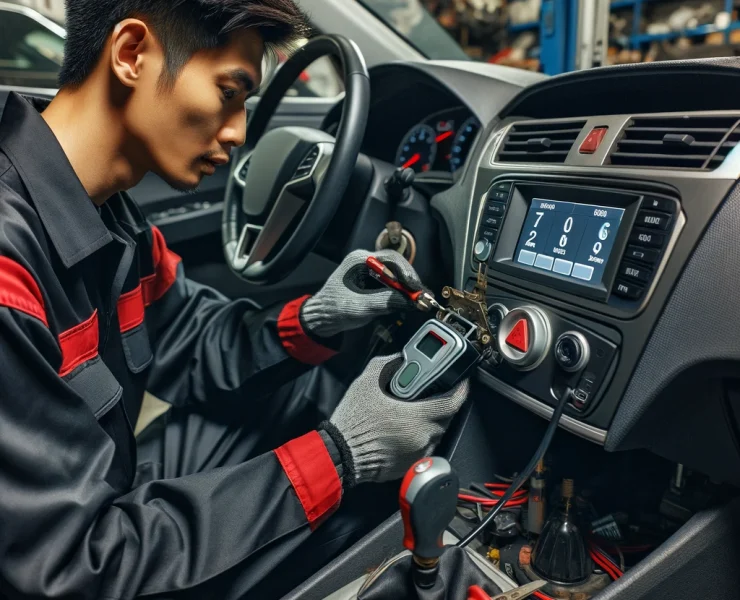 DALL·E 2024-05-21 23.05.50 - A minority mechanic installing an Alcolock interlock device in a car. The mechanic is wearing a black and red uniform, working with tools under the ca