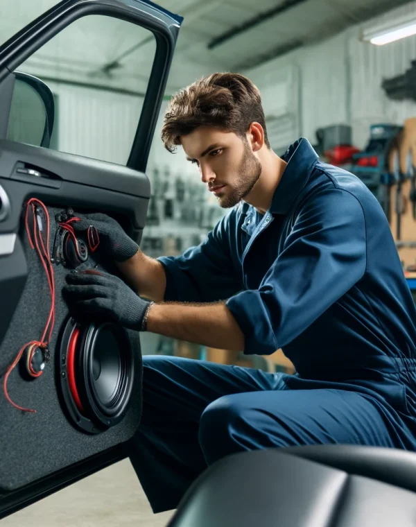 DALL·E 2024-05-27 15.57.10 - A mechanic is carefully installing a black and red speaker into a car door panel. The mechanic is dressed in a blue jumpsuit with gloves and is focuse