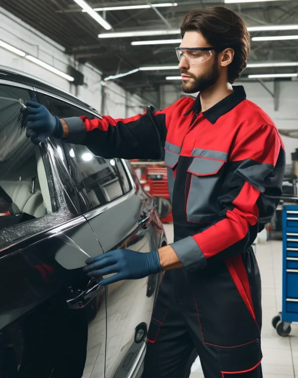 DALL·E 2024-04-18 19.48.51 - A professional car mechanic in a modern auto shop, applying UV protection tinting to a car window. The mechanic, wearing a red and black jumpsuit, glo