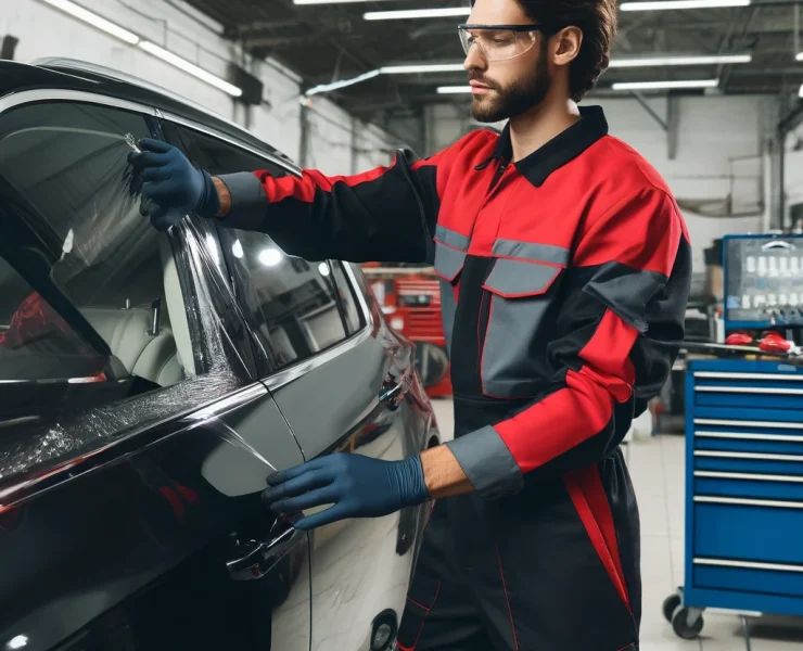 DALL·E 2024-04-18 19.48.51 - A professional car mechanic in a modern auto shop, applying UV protection tinting to a car window. The mechanic, wearing a red and black jumpsuit, glo