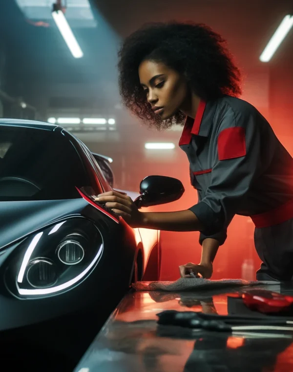 DALL·E 2024-04-18 20.14.12 - A scene in an automotive workshop showing a female mechanic of African descent applying tint to the headlights and taillights of a sports car. She wea