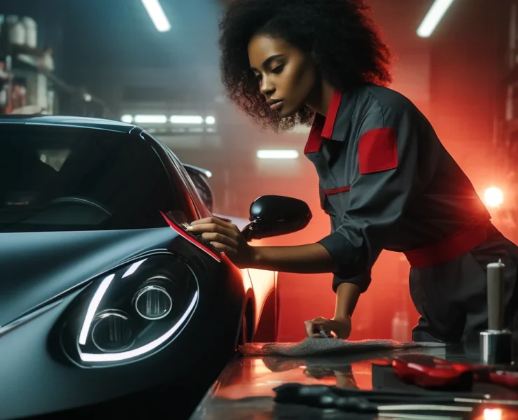 DALL·E 2024-04-18 20.14.12 - A scene in an automotive workshop showing a female mechanic of African descent applying tint to the headlights and taillights of a sports car. She wea