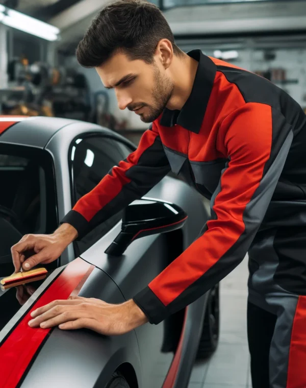 DALL·E 2024-04-18 20.19.03 - A modern auto shop scene showcasing a mechanic applying partial vinyl wrap to a car. The mechanic, a middle-aged Caucasian man, is dressed in a red an