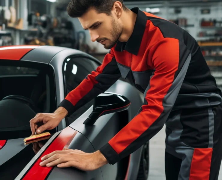 DALL·E 2024-04-18 20.19.03 - A modern auto shop scene showcasing a mechanic applying partial vinyl wrap to a car. The mechanic, a middle-aged Caucasian man, is dressed in a red an