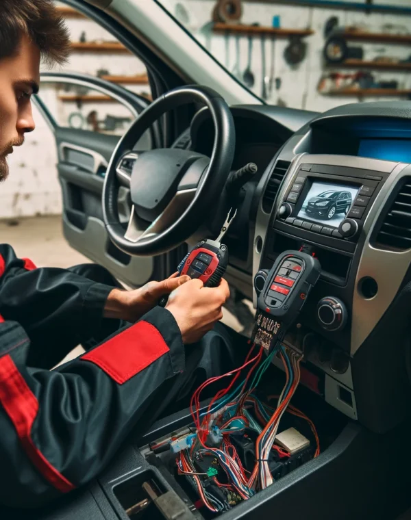 DALL·E 2024-05-21 22.52.51 - A mechanic installing a remote starter in a car. The mechanic is wearing a black and red uniform, working with tools under the car's dashboard. The ca