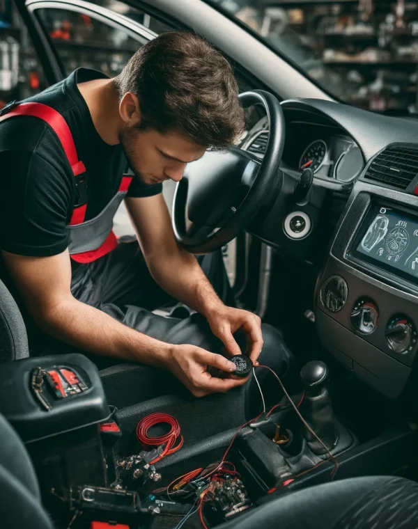 DALL·E 2024-05-21 22.54.40 - A mechanic installing a GPS tracker in a car. The mechanic is wearing a black and red uniform, working with tools under the car's dashboard. The car i