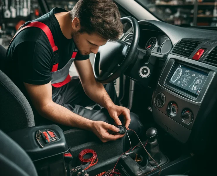 DALL·E 2024-05-21 22.54.40 - A mechanic installing a GPS tracker in a car. The mechanic is wearing a black and red uniform, working with tools under the car's dashboard. The car i